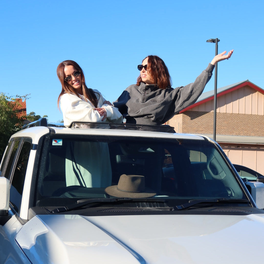 AFTERPAY SALE 25% FOUNDERS SOPHIE AND LAURA SCREAMING FROM THE CAR ROOF TOP