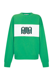 Green sweater with a white rectangle featuring a logo on a white background