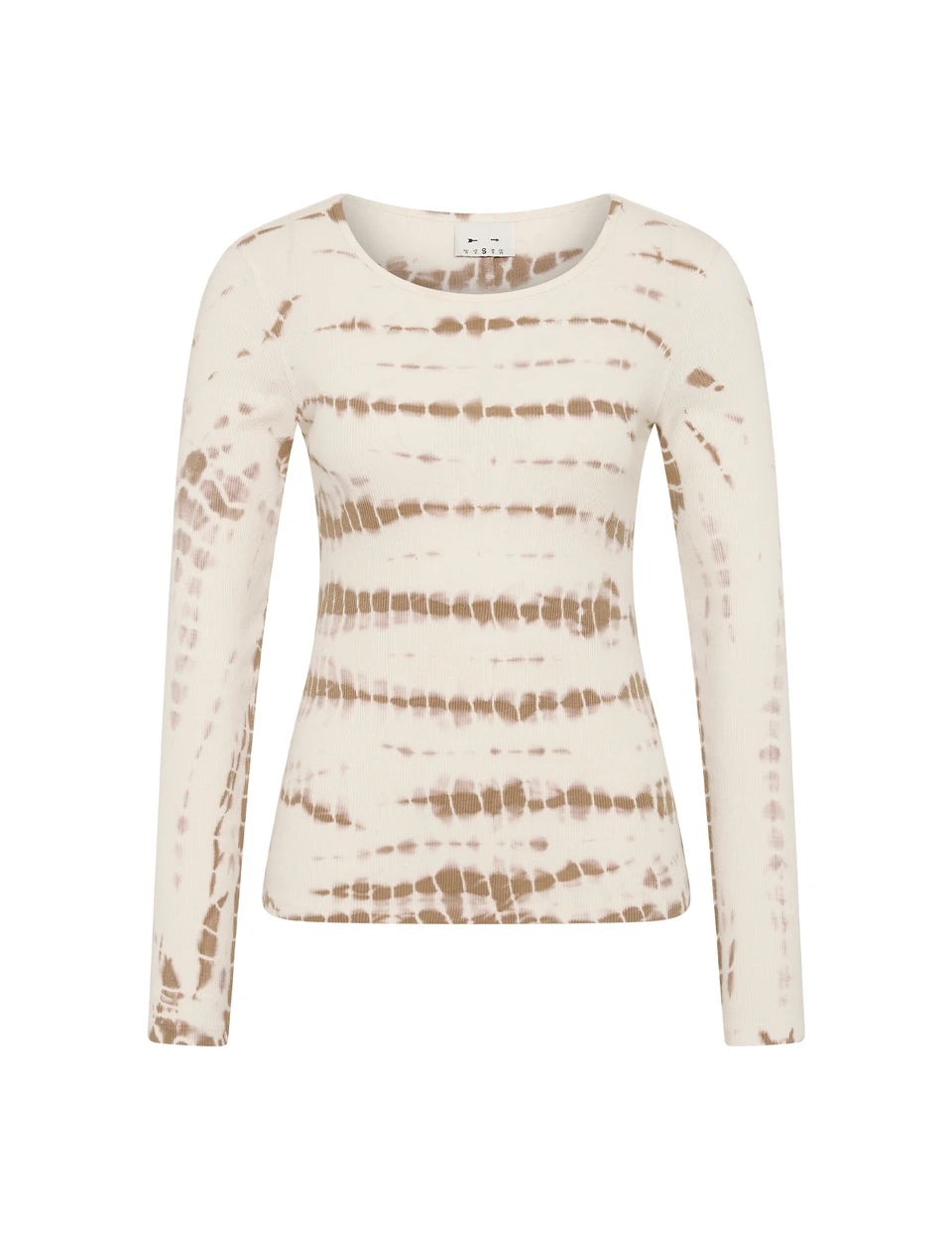 The Upside Ayla Chrissy Long Sleeve Top Tie Dye mocha cream flat lay organic cotton rib