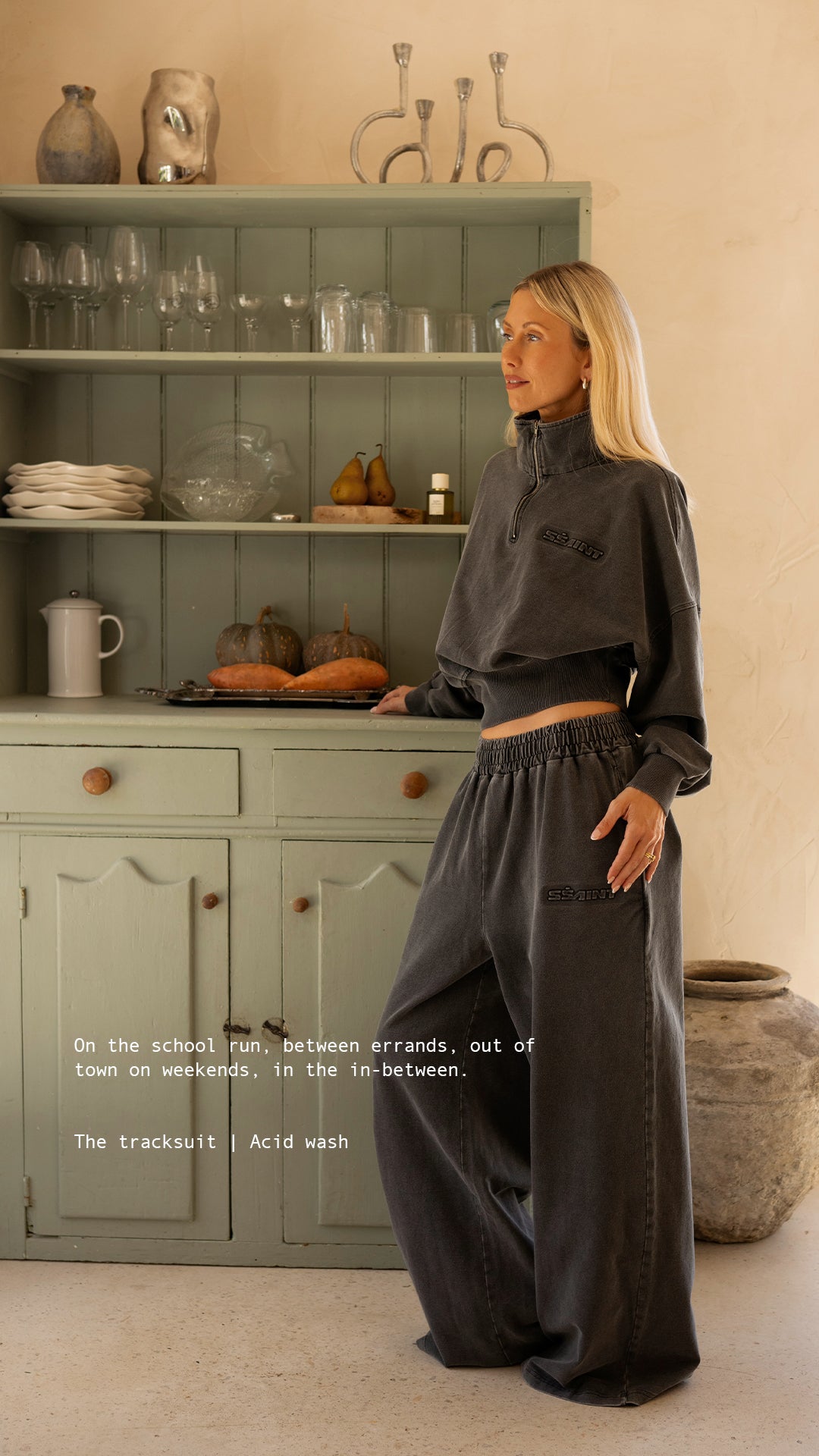 Acid Wash Trackpant styled with matching Charcoal Crop Jacket