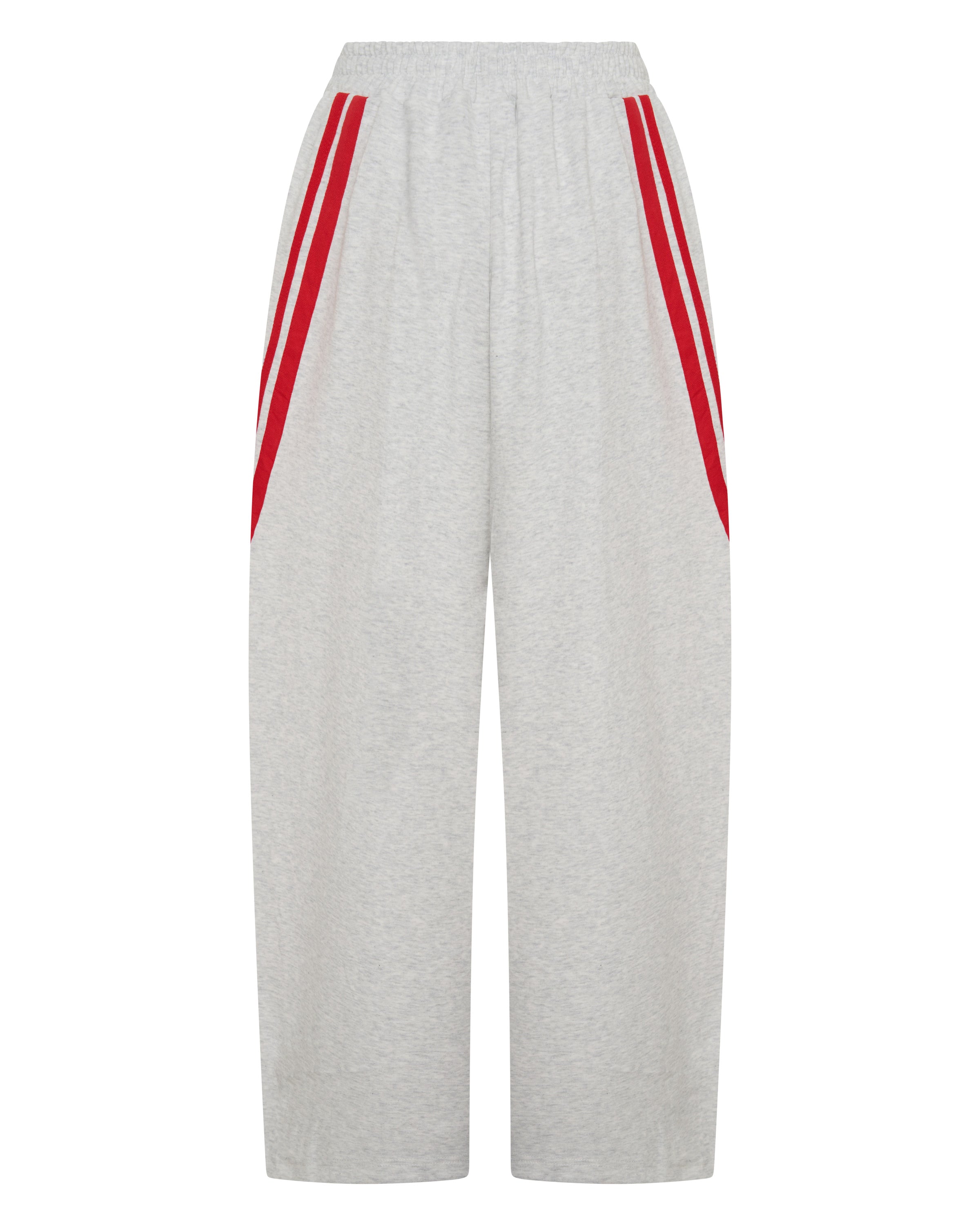 back view ŚSAINT Barrel Trackpant in grey with red double side stripe detail