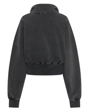 back view ŚSAINT Acid Wash Crop Jacket in charcoal with mock neck collar