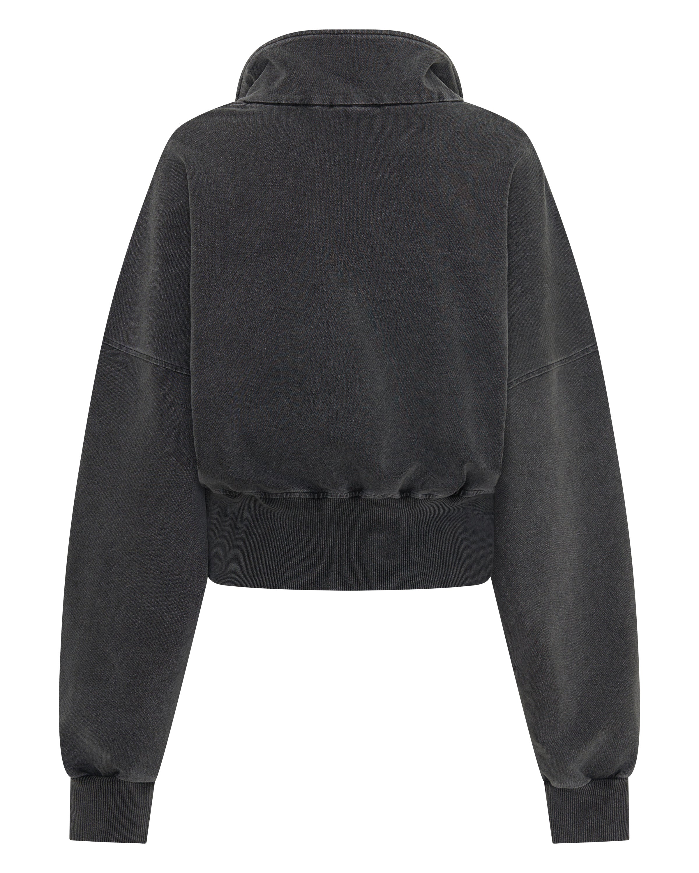 back view ŚSAINT Acid Wash Crop Jacket in charcoal with mock neck collar