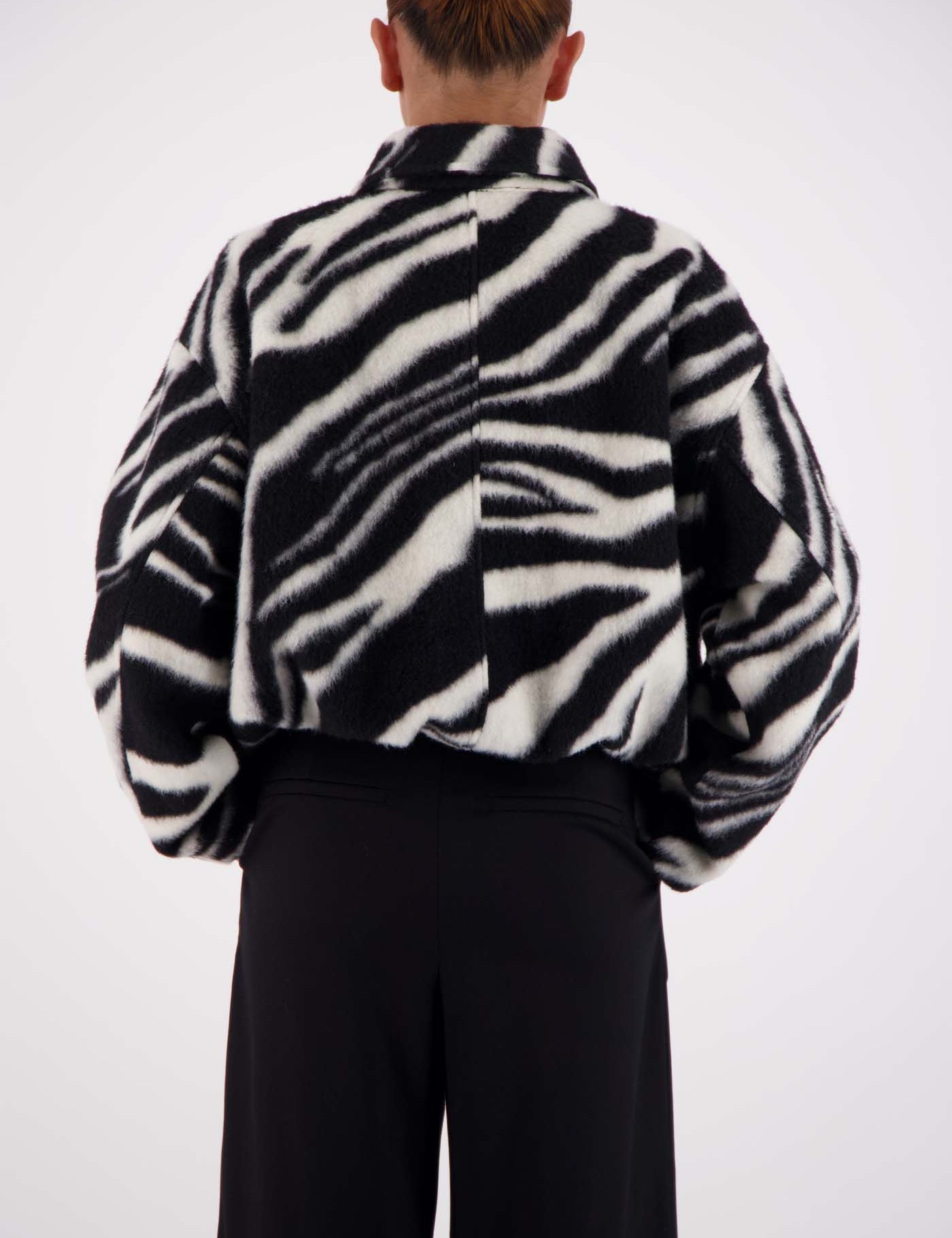 Jasmine Alexa Bailey Bomber Jacket Zebra, back view, drop shoulder construction