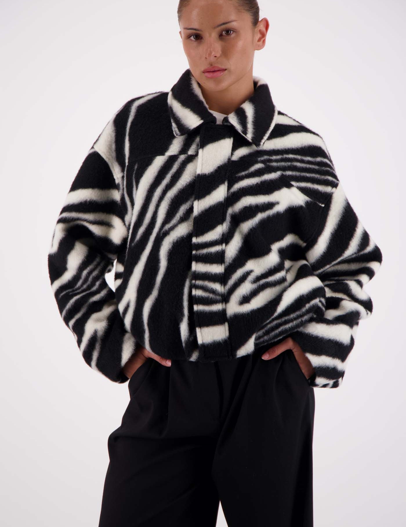  Jasmine Alexa Bailey Bomber Jacket in Zebra print, drop shoulder, relaxed fit, front view
