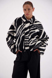  Jasmine Alexa Bailey Bomber Jacket in Zebra print, drop shoulder, relaxed fit, front view