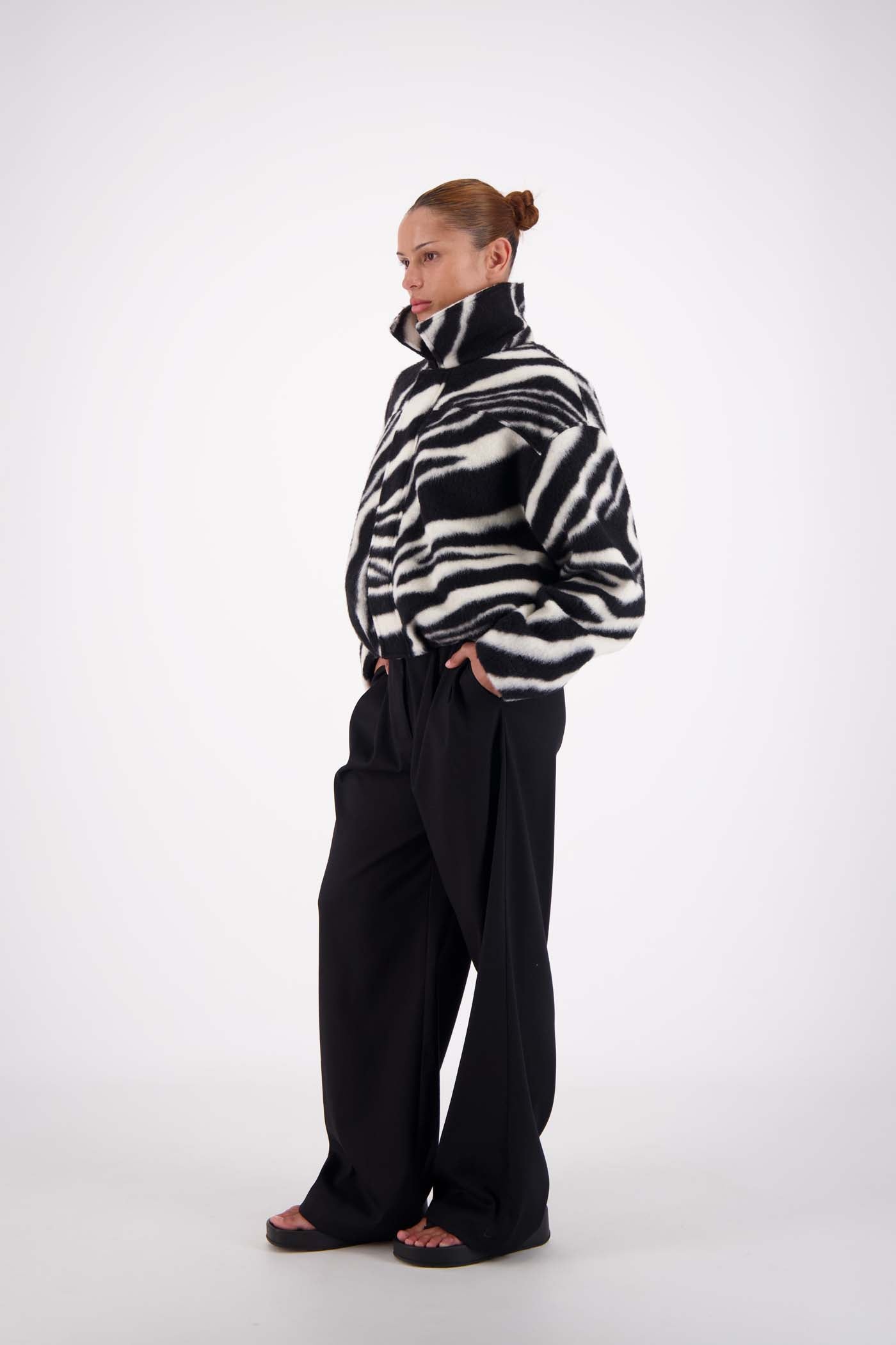 Collar detailing and fabric on Jasmine Alexa Bailey Bomber Zebra Jacket
