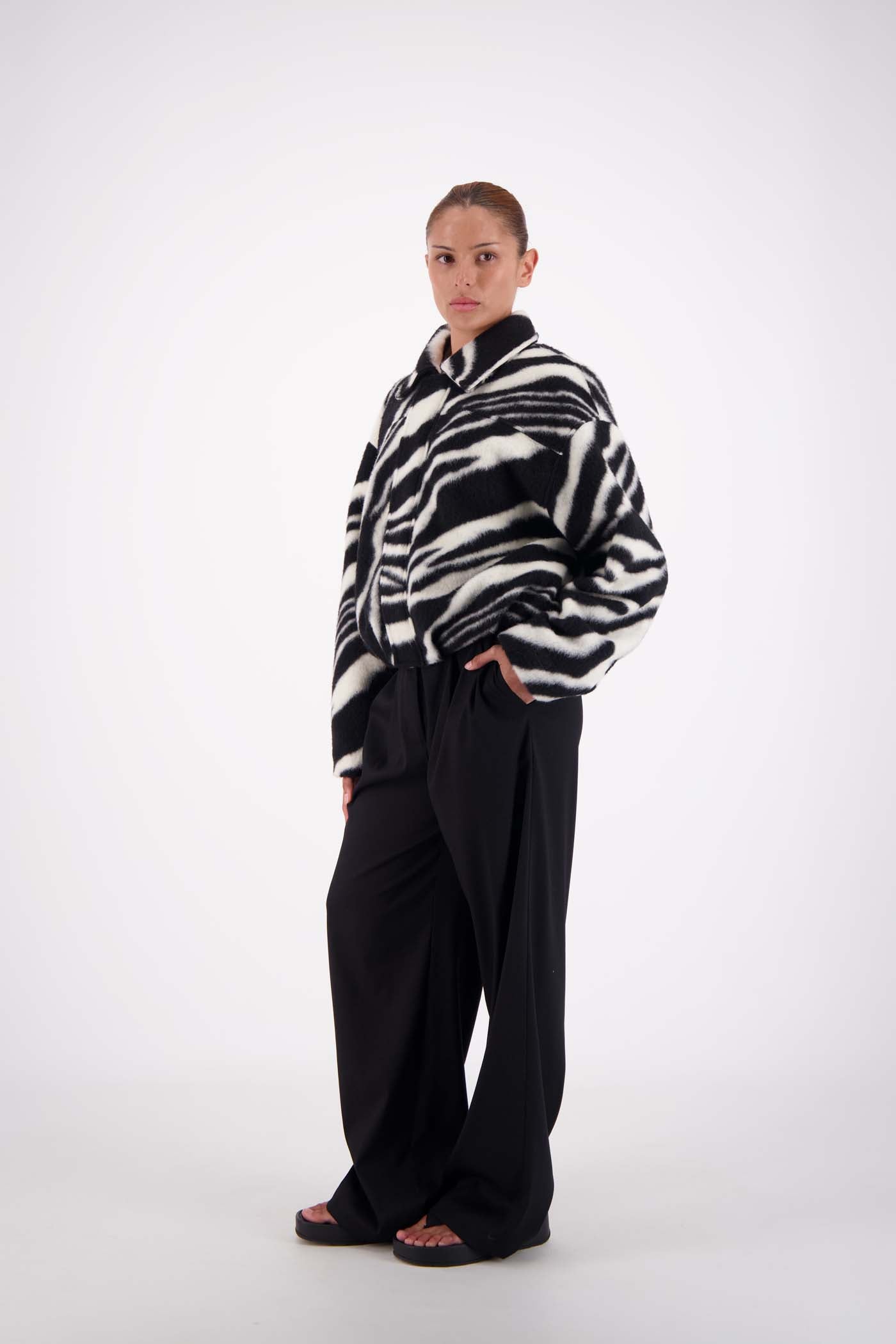 Jasmine Alexa Bailey Bomber Zebra styled with Soho Zebra Top and Gigi Black Trousers