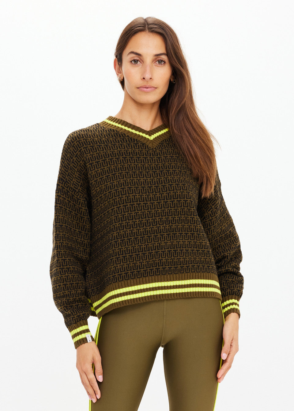 Model wearing The Upside Castilla Clementine Knit Crew olive TU monogram knit sweater relaxed fit