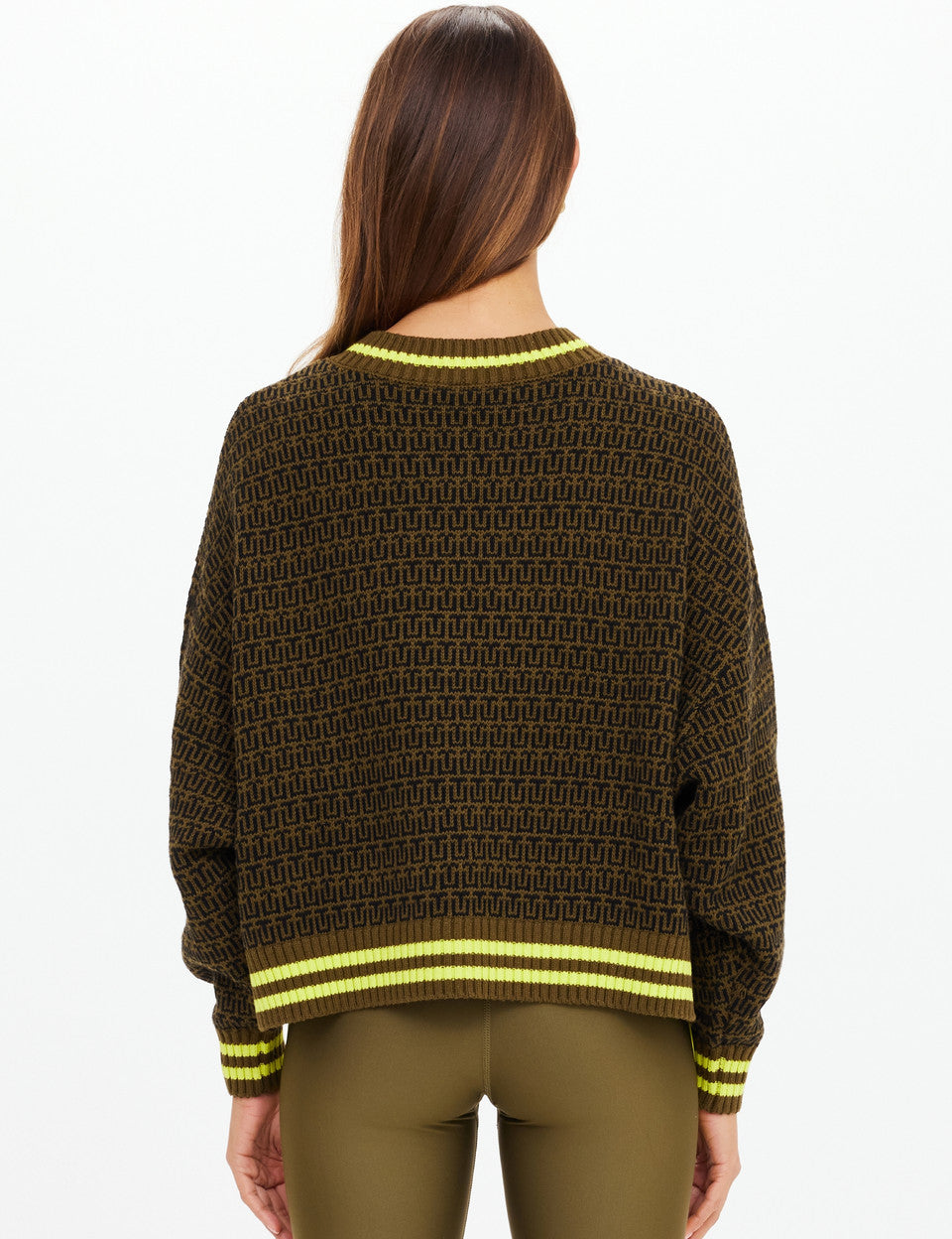 BACK  IMAGEModel wearing The Upside Castilla Clementine Knit Crew olive TU monogram knit sweater relaxed fit