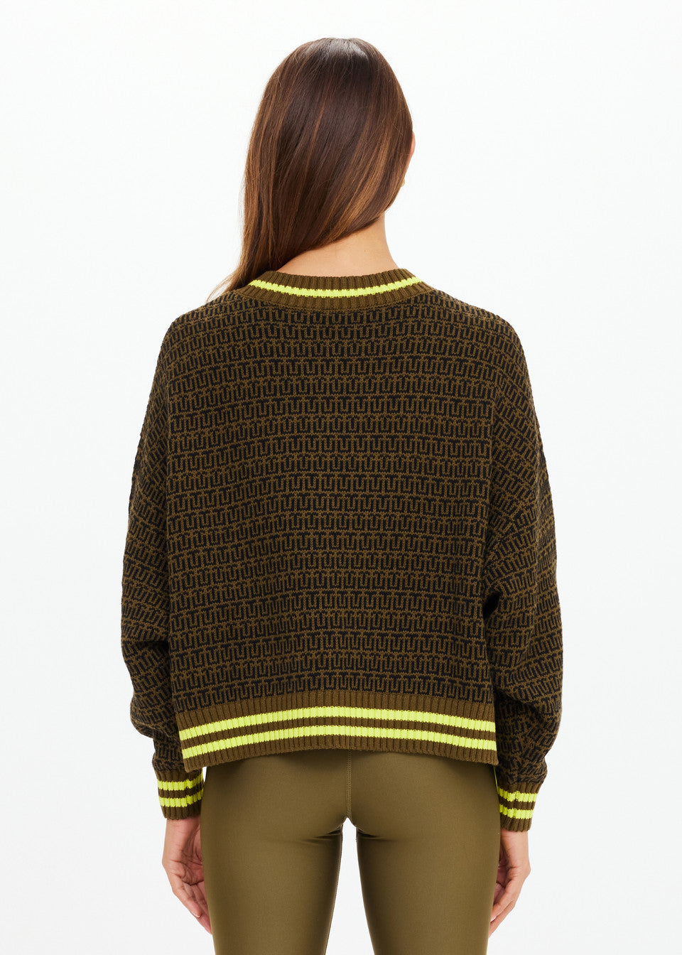BACK  IMAGEModel wearing The Upside Castilla Clementine Knit Crew olive TU monogram knit sweater relaxed fit