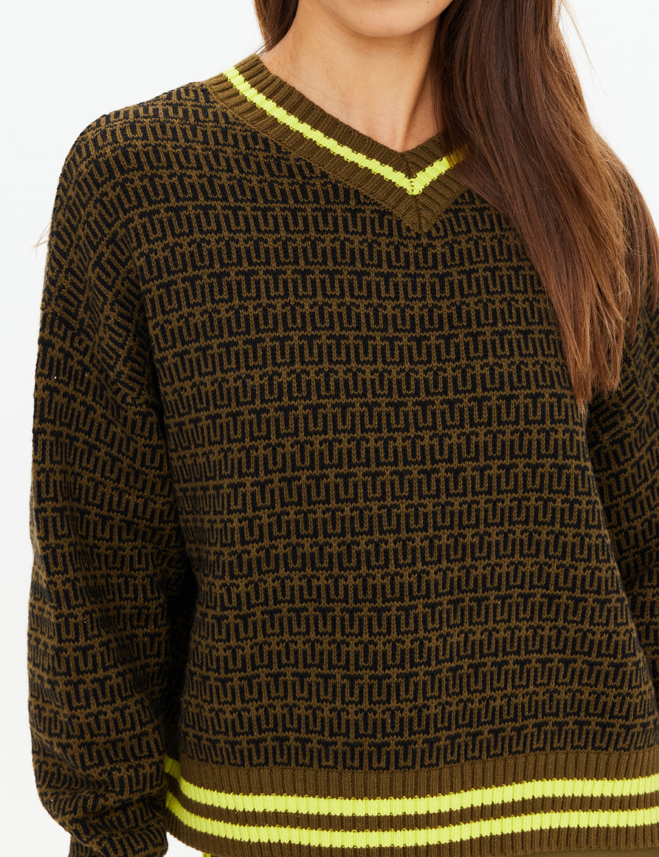 Close up TU monogram knit jacquard detail The Upside olive designer sweater