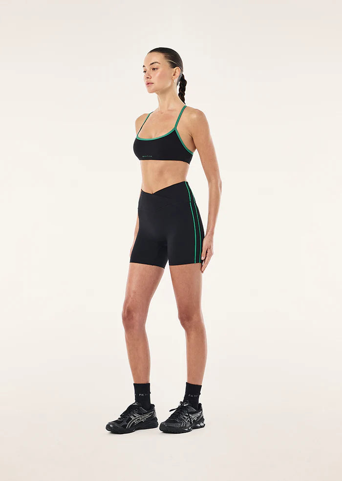 PE Nation Clarity 5" Bike Short high-rise waistband detail, contrast binding