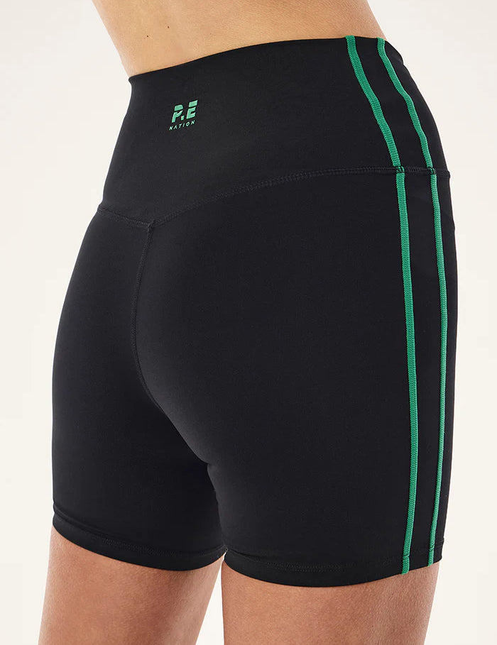 back view PE Nation Clarity 5" Bike Short high-rise waistband detail, contrast binding