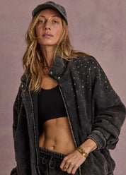 The Upside Cosmic Carmen Moto Jacket in Washed Black moto-style fleece jacket with rhinestone detail