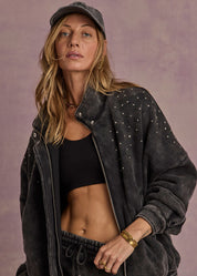 The Upside Cosmic Carmen Moto Jacket in Washed Black moto-style fleece jacket with rhinestone detail