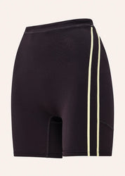 flatlay front view PE Nation Cypher Bike Short in Black Bean & Soft Yellow — high-rise squat-proof activewear short, Wild West Sisters