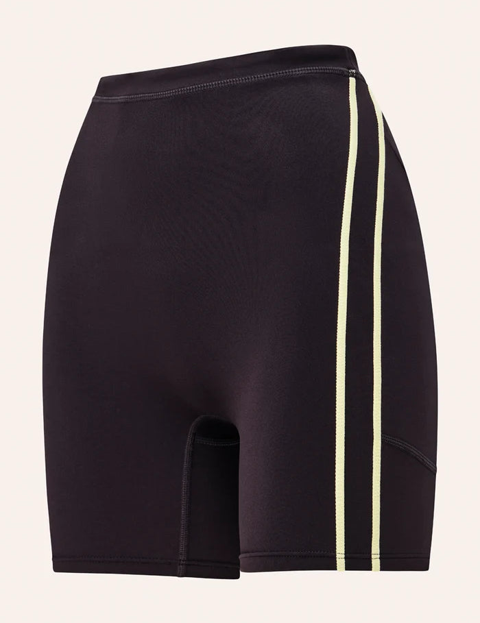 flatlay front view PE Nation Cypher Bike Short in Black Bean & Soft Yellow — high-rise squat-proof activewear short, Wild West Sisters