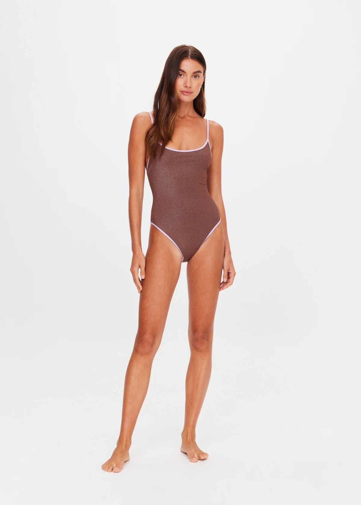 The Upside Galaxia Flow one piece swimsuit in chocolate metallic – Wild West Sisters with purple hem
