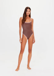 The Upside Galaxia Flow one piece swimsuit in chocolate metallic – Wild West Sisters with purple hem