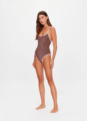 The Upside Galaxia Flow one piece swimsuit in chocolate metallic – Wild West Sisters full shot with model