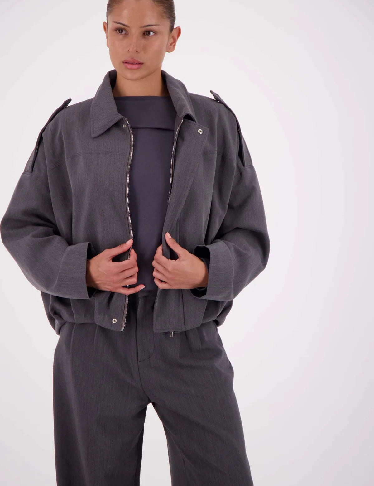 Gigi Bomber Jacket Steel Grey front view