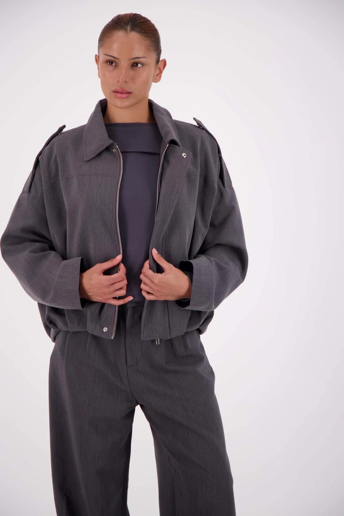 Gigi Bomber Jacket Steel Grey front view