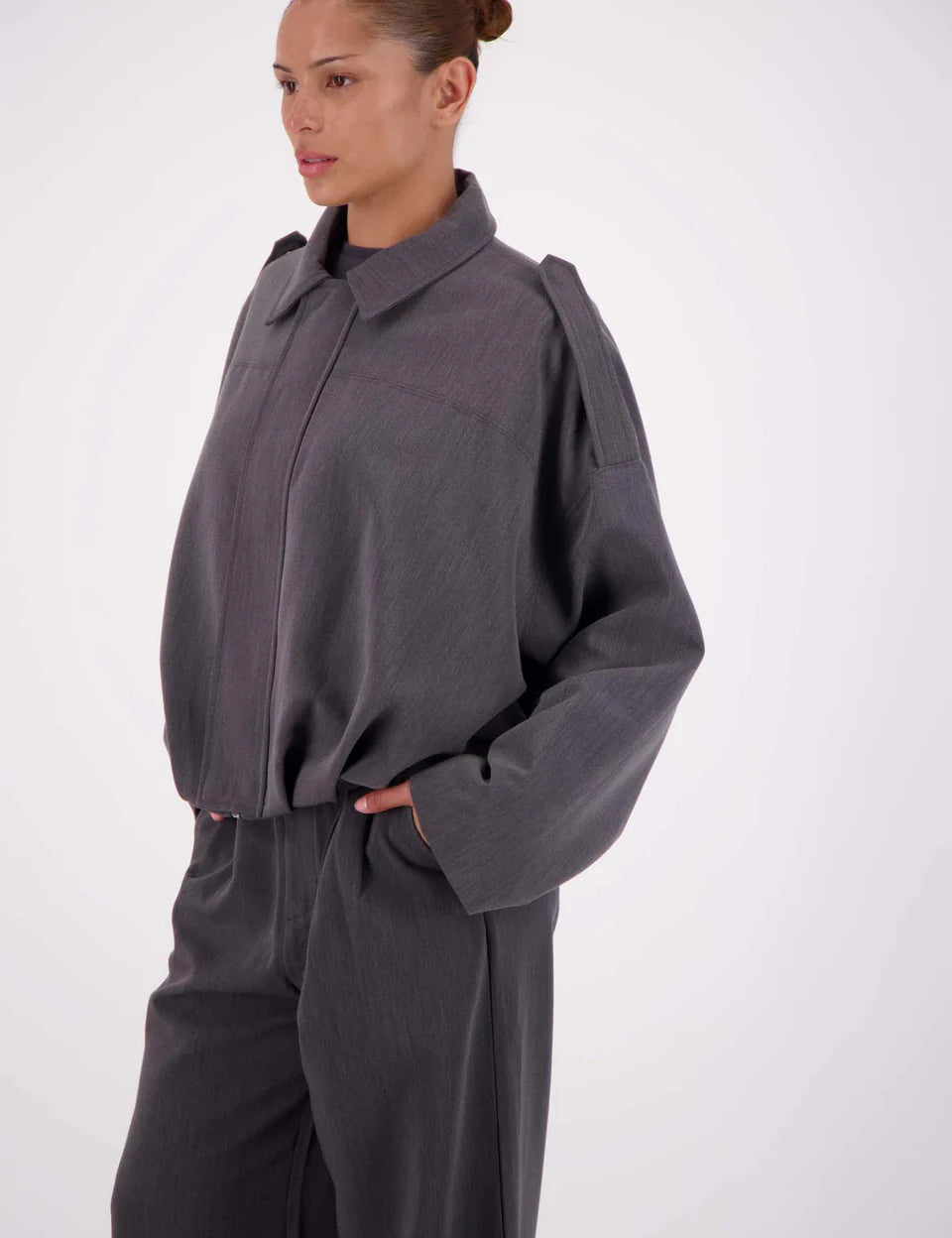 Steel Grey bomber jacket outfit styling