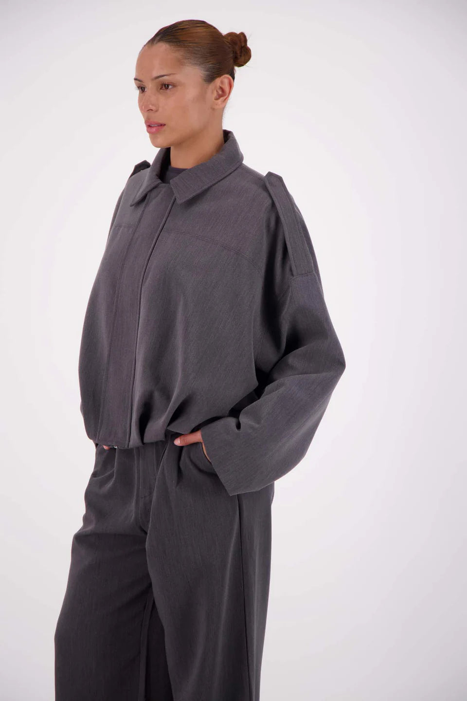 Steel Grey bomber jacket outfit styling