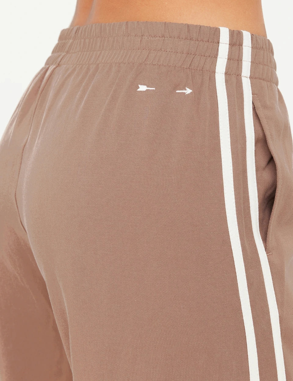 The Upside Juliet Pant Mocha split hem and contrast bind close up detail