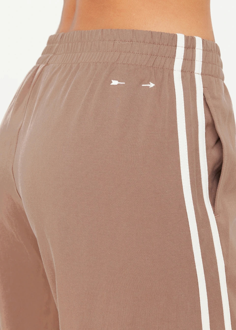 The Upside Juliet Pant Mocha split hem and contrast bind close up detail