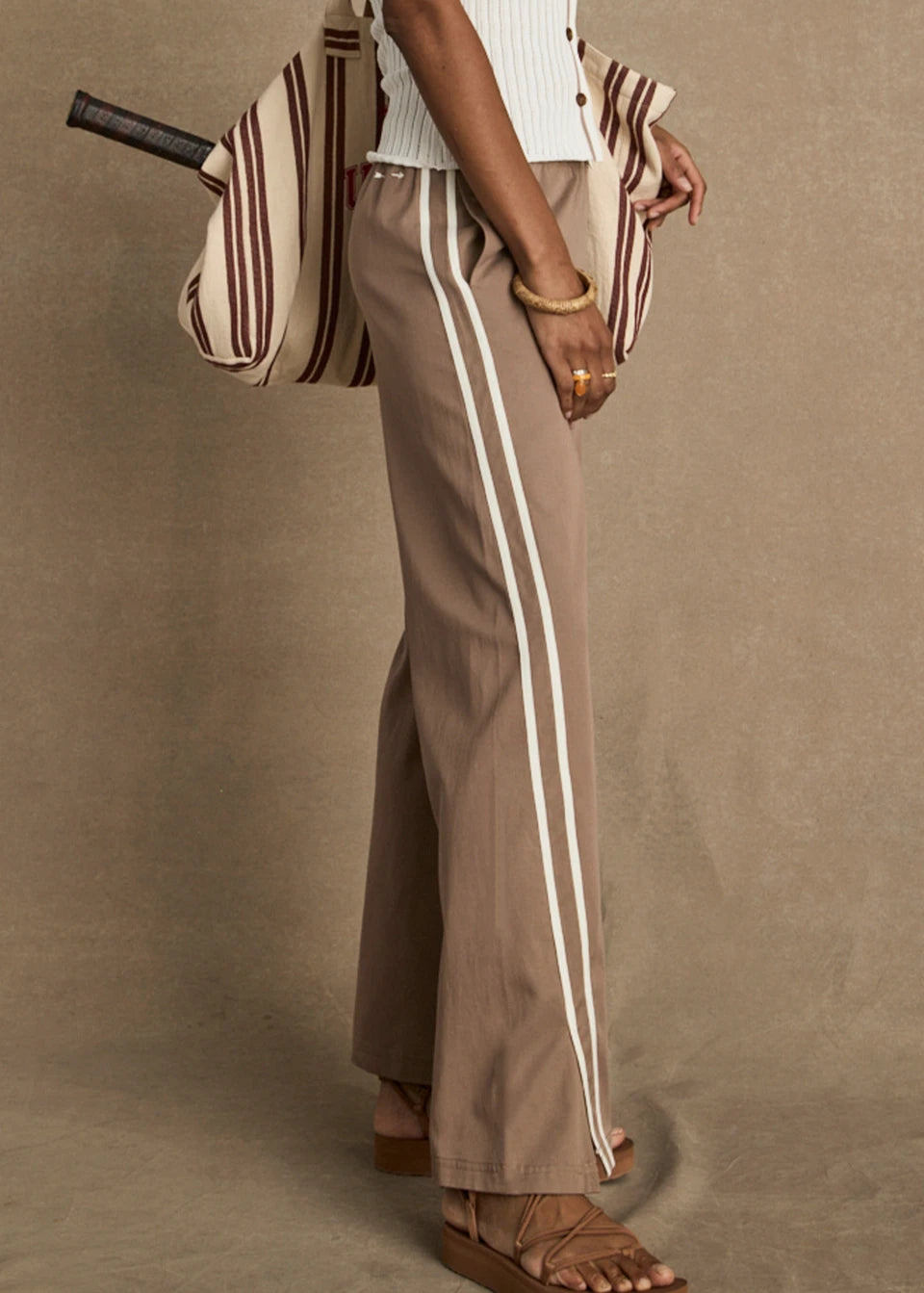 The Upside Juliet Pant Mocha split hem and contrast bind close up detail