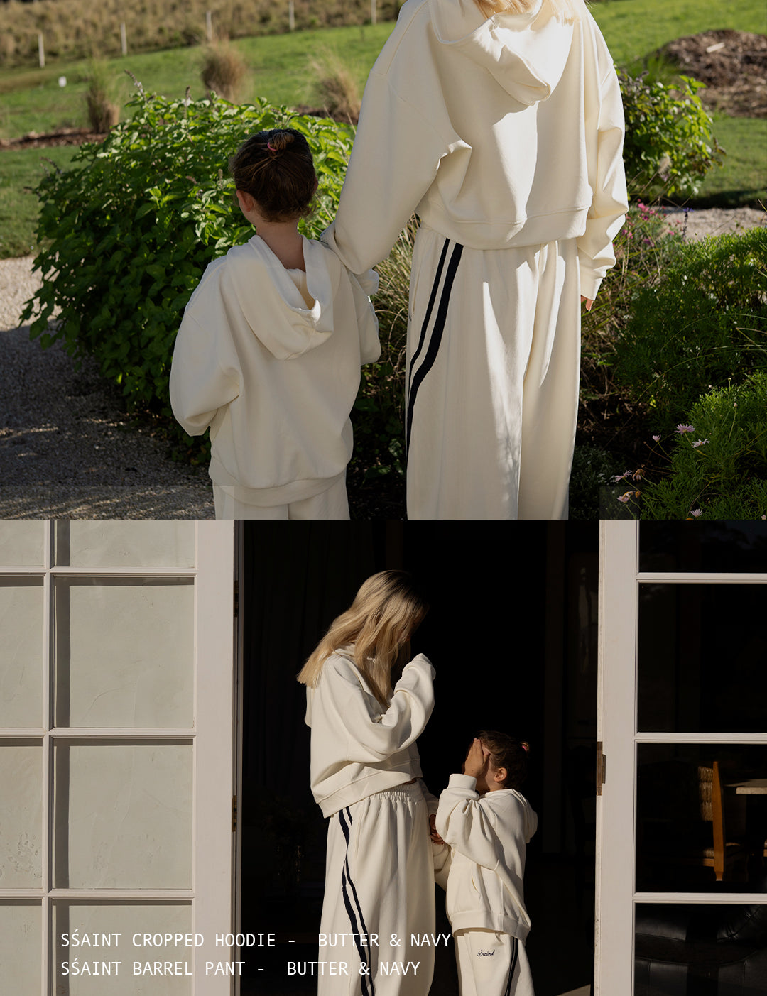 Child wearing ŚSAINT barrel-leg trackpant in butter and navy colourway with matching mum