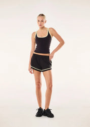 PE Nation Stride Running Short in Black Bean & Soft Yellow — lightweight 4-way stretch active short, Wild West Sisters