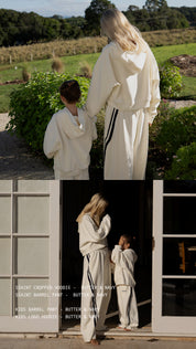 MINI ME IN BUTTER SET ŚSAINT Barrel Trackpant butter and navy styled with matching Cropped Hoodie