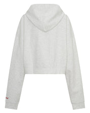 Oversized hood detail on ŚSAINT Cropped Hoodie grey and red