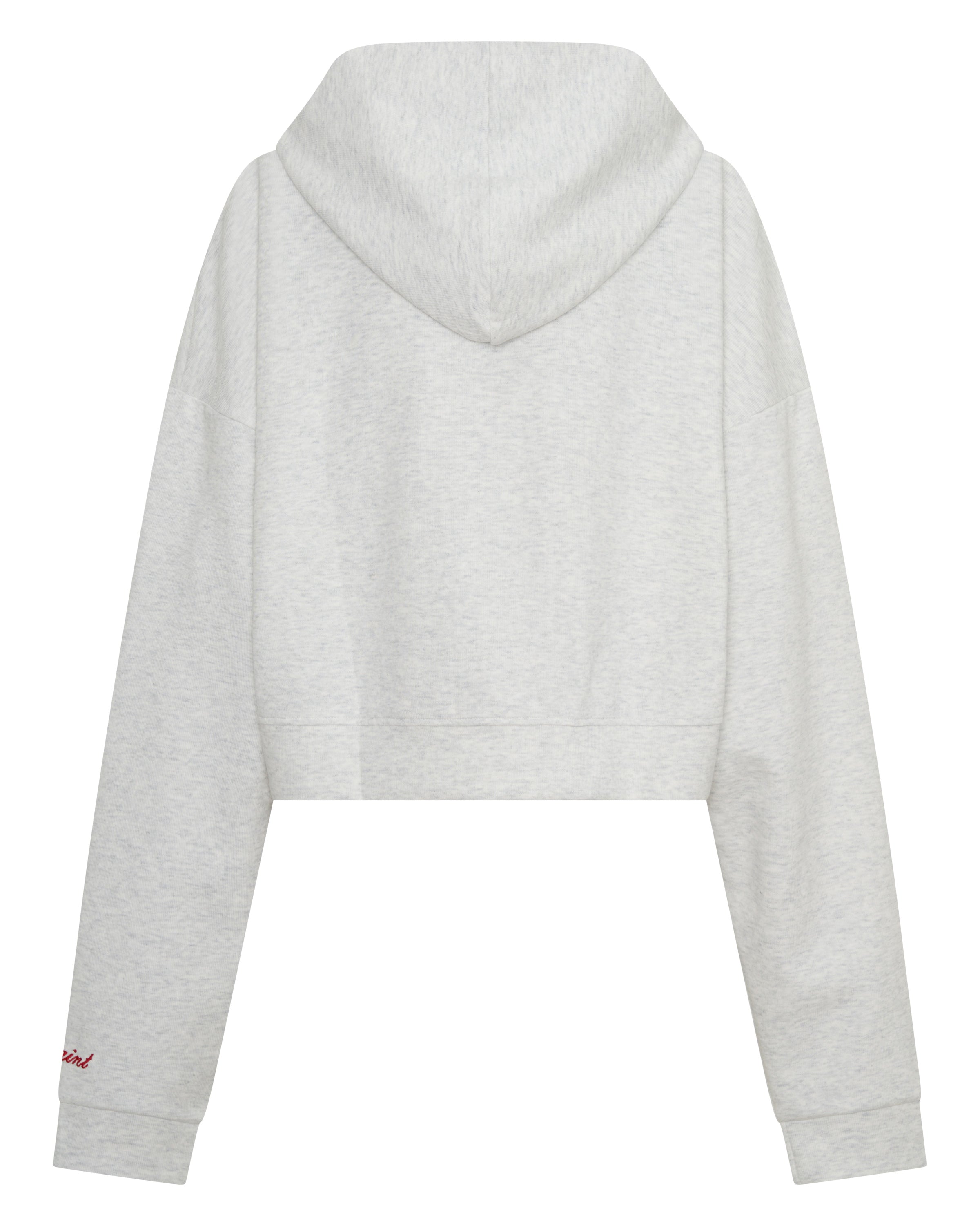 Oversized hood detail on ŚSAINT Cropped Hoodie grey and red