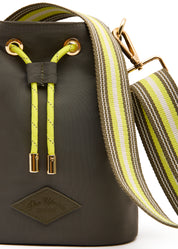 close up The Upside Oxford Bucket Bag olive striped strap designer athleisure bag
