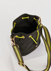 Neon cord detail The Upside Oxford Bucket Bag olive recycled polyester bag