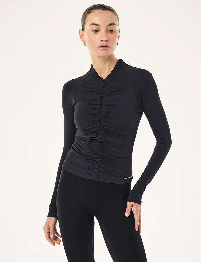 Close-up of PE Nation logo print on Off Duty Long Sleeve Top in black