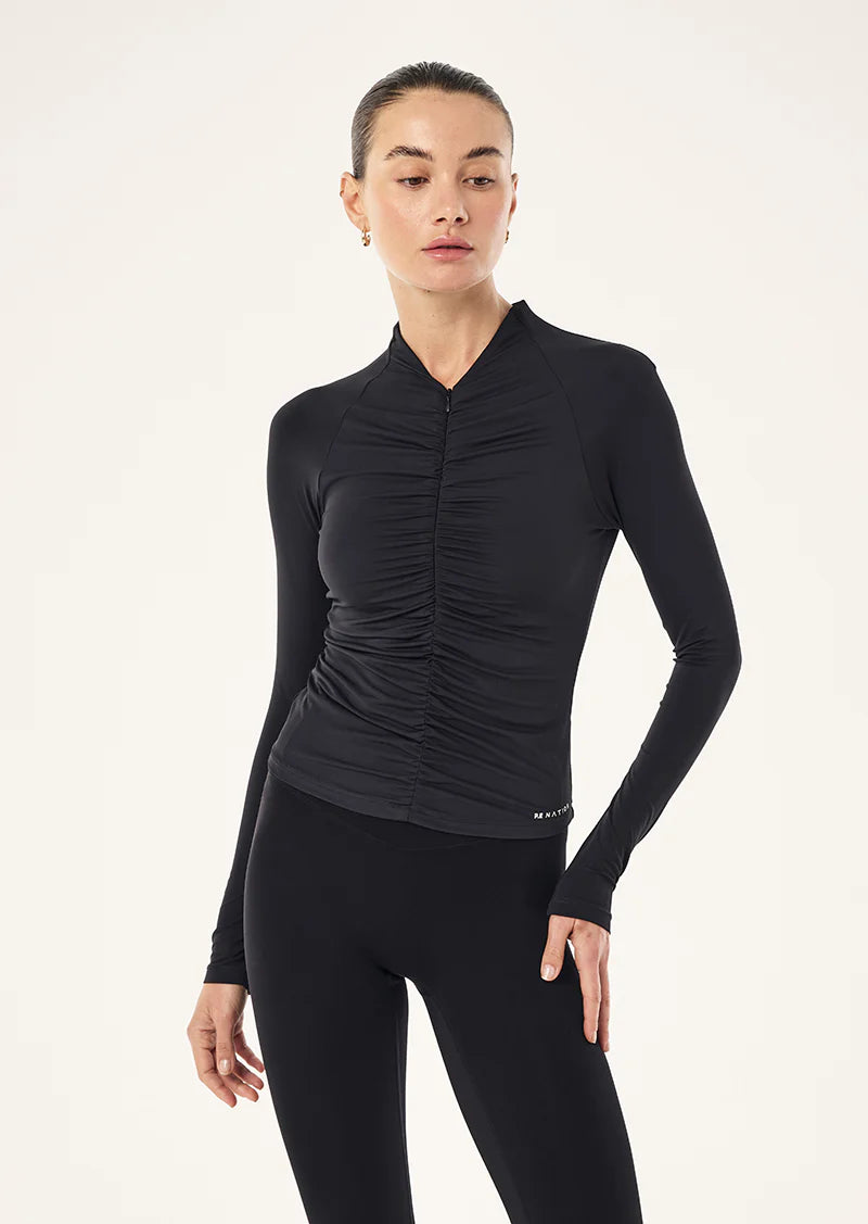Close-up of PE Nation logo print on Off Duty Long Sleeve Top in black