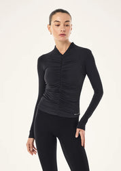 Close-up of PE Nation logo print on Off Duty Long Sleeve Top in black