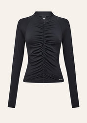Close-up of PE Nation logo print on Off Duty Long Sleeve Top in black FLAT LAY