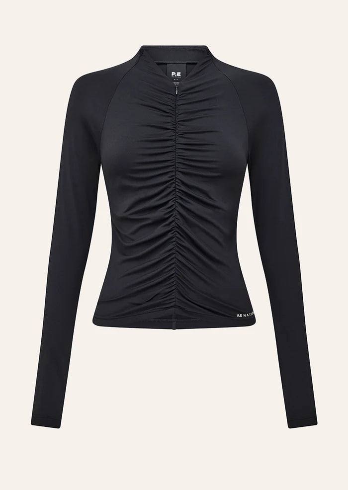 Close-up of PE Nation logo print on Off Duty Long Sleeve Top in black FLAT LAY