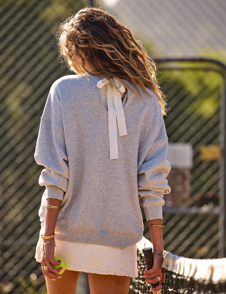 The Upside Racquet Coolum Crew in Grey Marle oversized organic cotton fleece sweatshirt