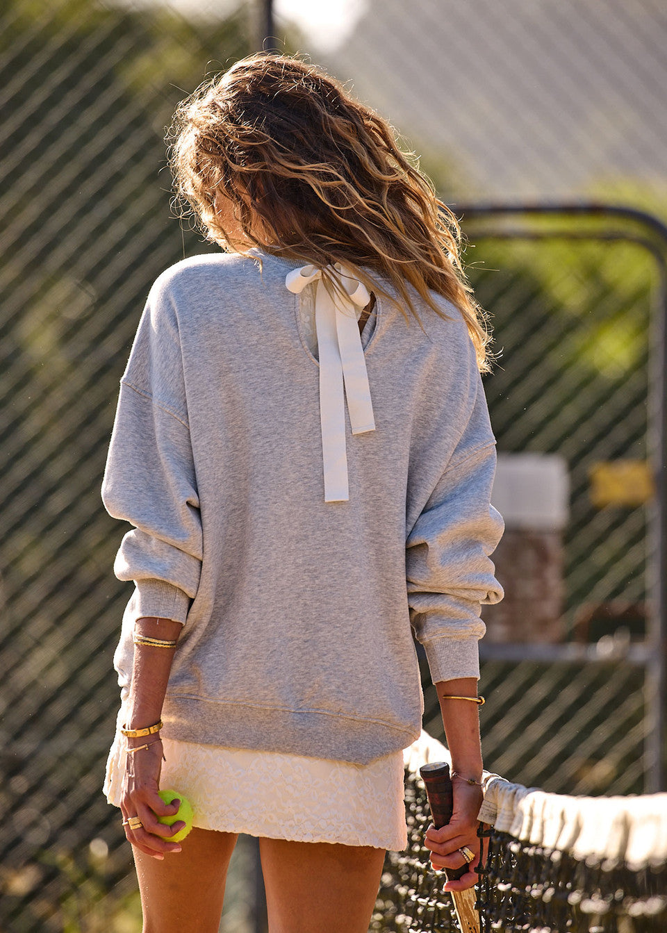 The Upside Racquet Coolum Crew in Grey Marle oversized organic cotton fleece sweatshirt