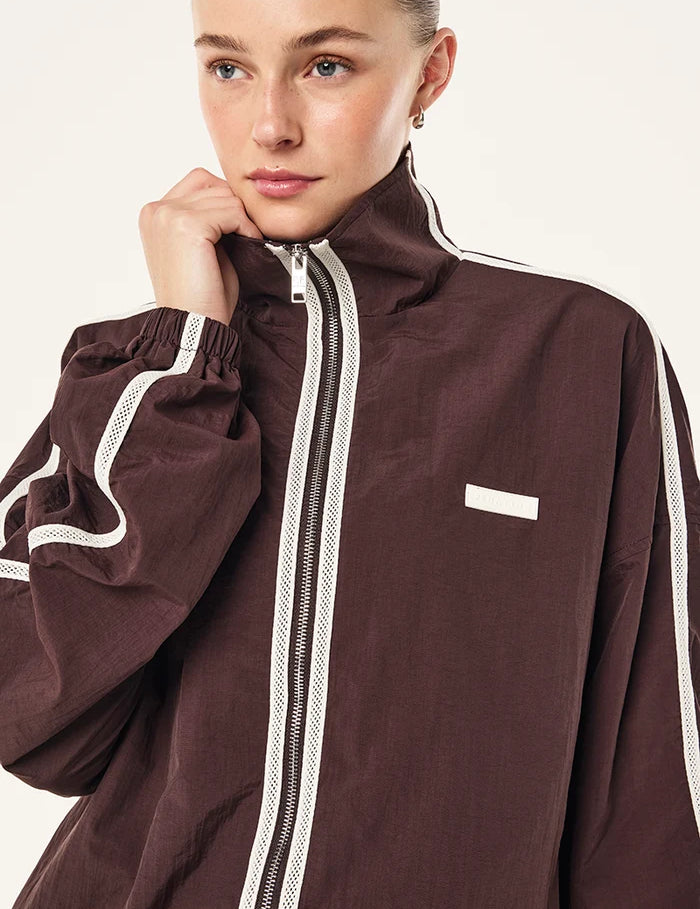P.E Nation Radius Jacket in Dark Plum - oversized funnel neck jacket with side stripe detail - CLOSE UP