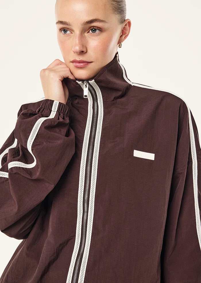 P.E Nation Radius Jacket in Dark Plum - oversized funnel neck jacket with side stripe detail - CLOSE UP