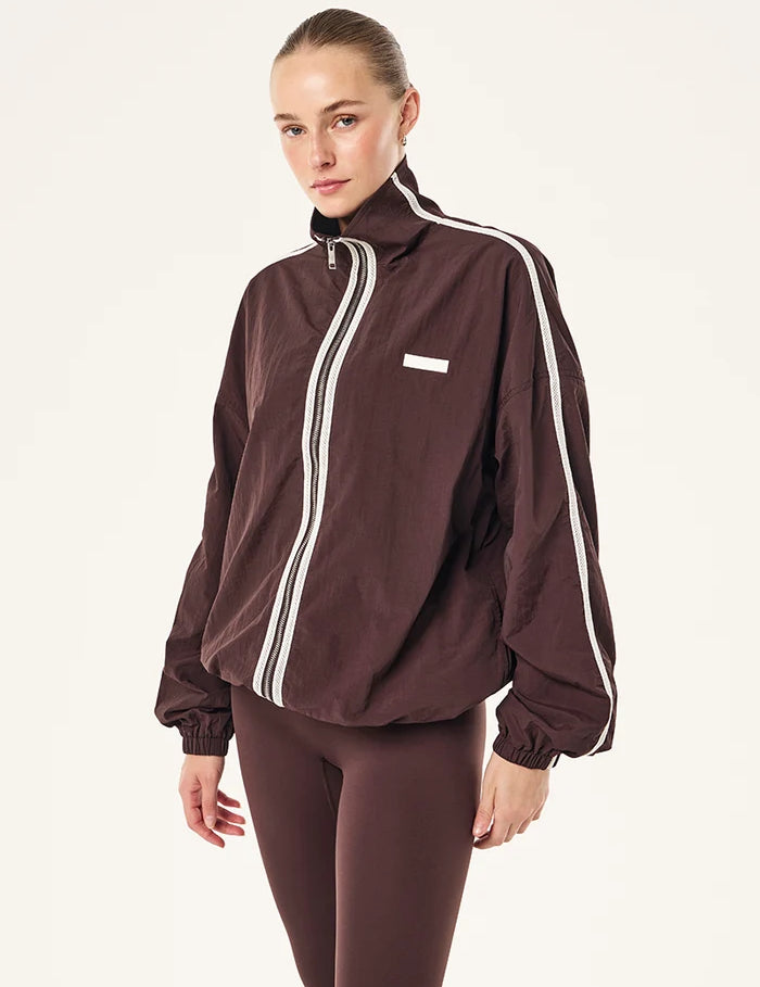 P.E Nation Radius Jacket in Dark Plum - oversized funnel neck jacket with side stripe detail