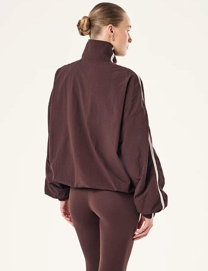 back view P.E Nation Radius Jacket in Dark Plum - oversized funnel neck jacket with side stripe detail